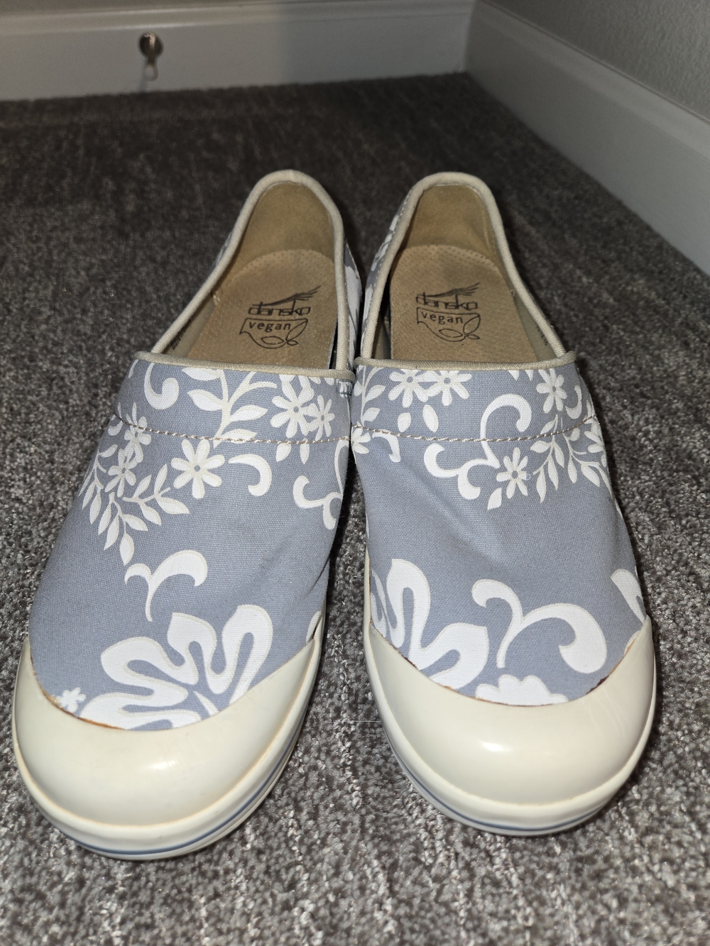 Dansko Blue and White Floral Slip-On Flats